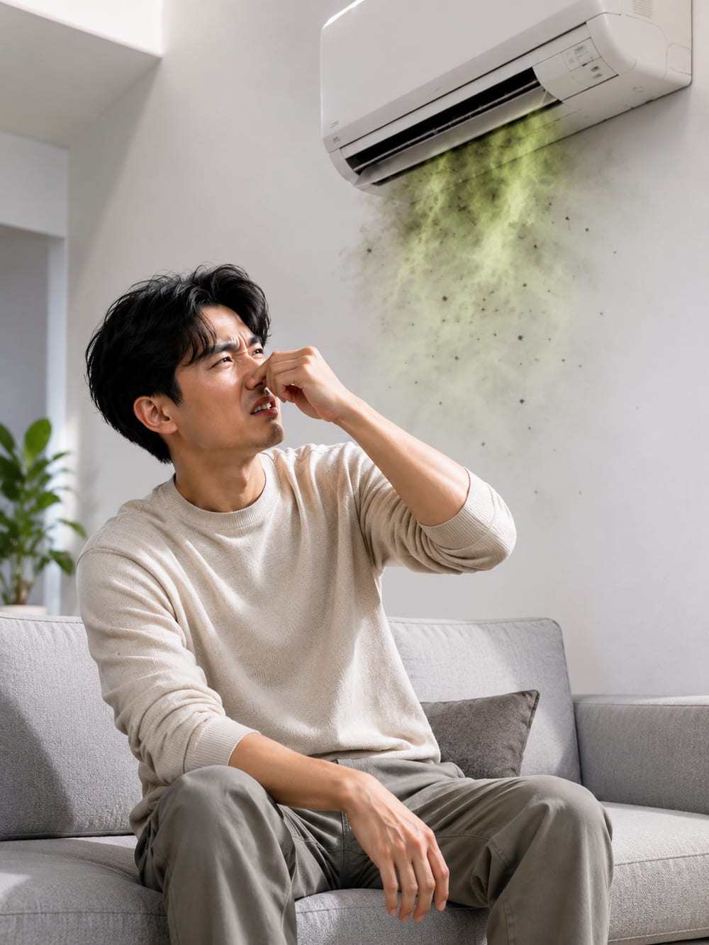 男子摀鼻嫌臭，牆上冷氣吹出帶黴斑的霉味氣流 — 冷氣一開就有霉味