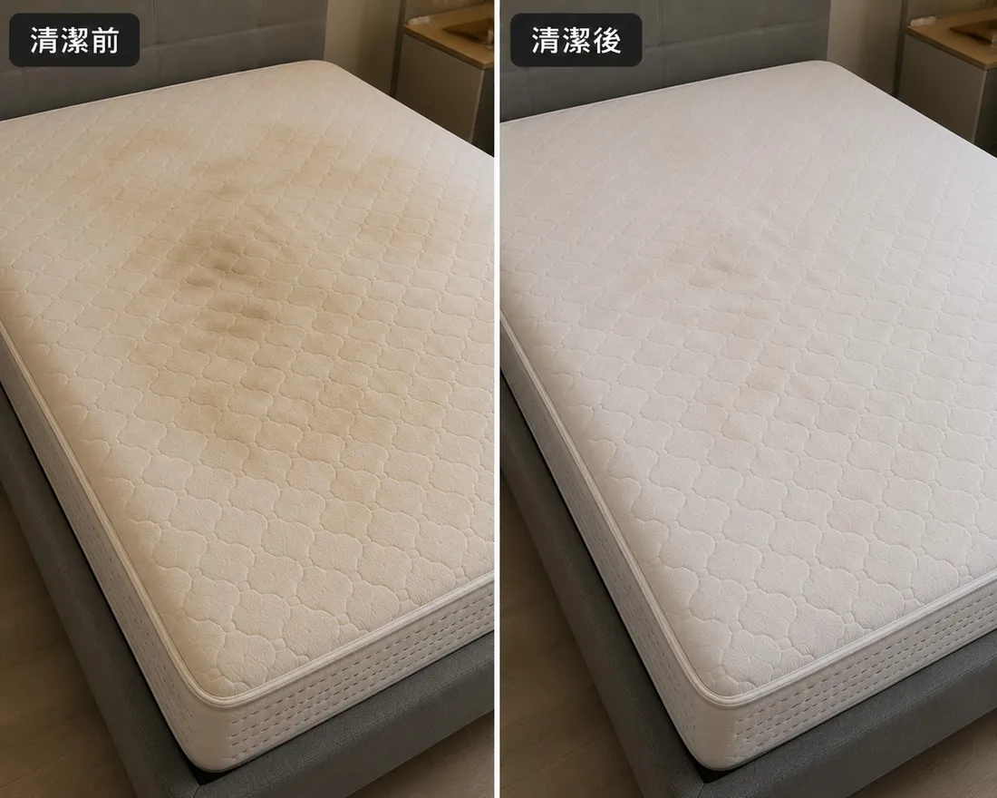 床墊清潔前後對比 — 左側佈滿黃漬汗垢、右側恢復潔白