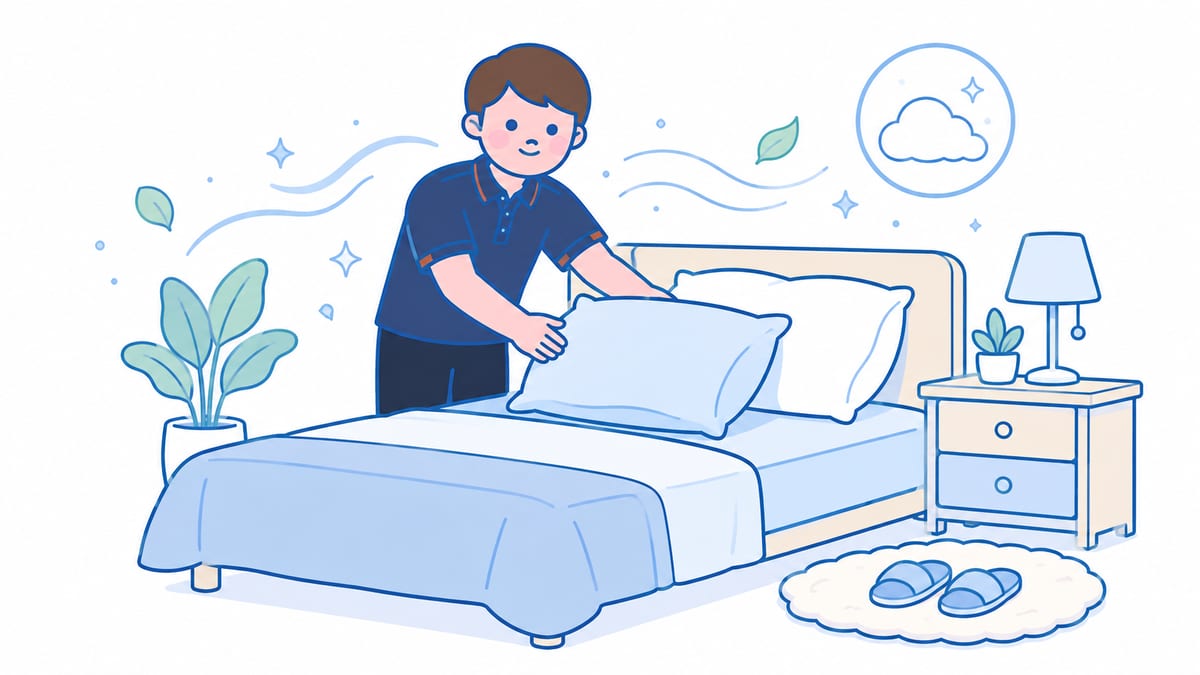 技師整理乾淨的床鋪與枕頭、打造親膚少過敏原的睡眠環境 — 異位性皮膚炎減敏